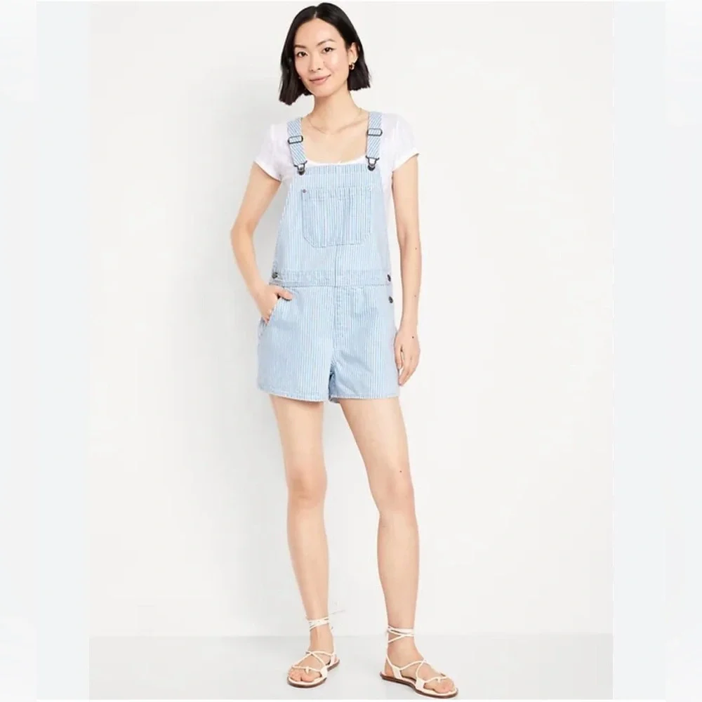 Women’s Light Blue Stripe Denim Short Overalls - Picture 1 of 7